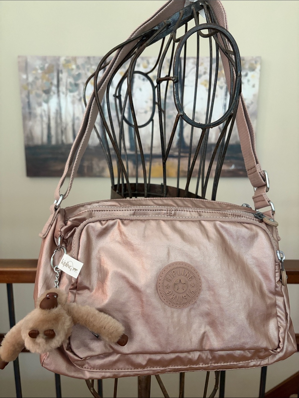 NEW Kipling Metallic Champagne Rose Gold Shoulder Crossbody Bag Monkey Charm